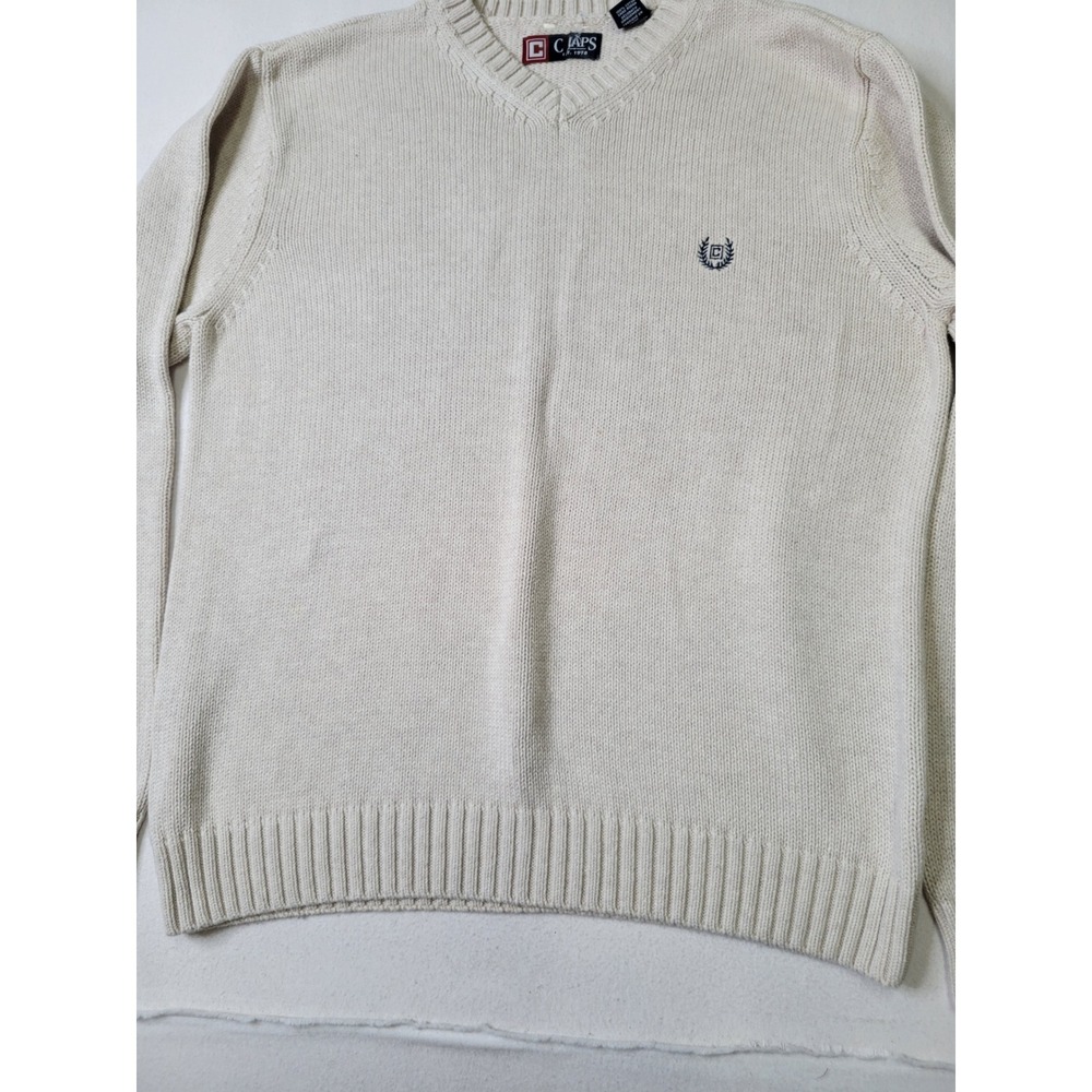 Chaps Mens V-Neck Sweater Large Cream Off White 100% Cotton Knit Pullover 1032
